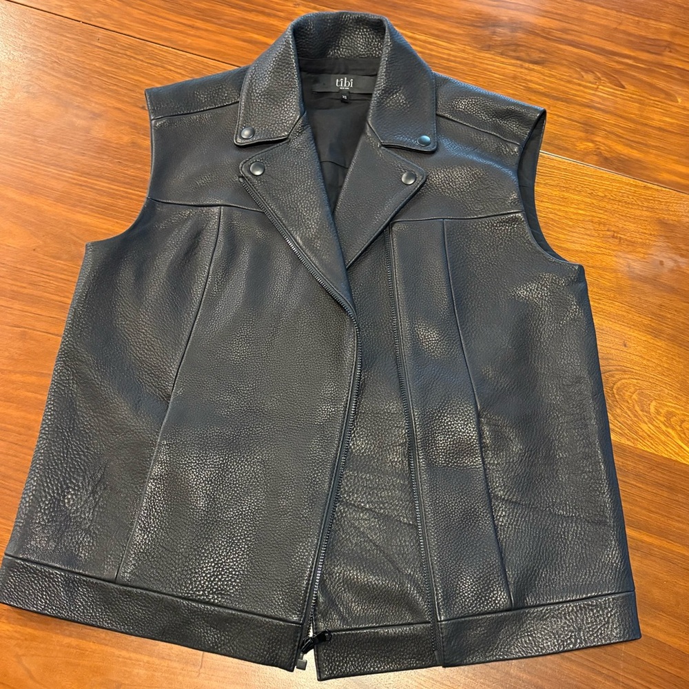 Tibi Black Pebbled Leather Oversized Vest
